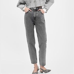 Zara | High Waist Gray Acid Wash Crop Mom Jeans | Size 2